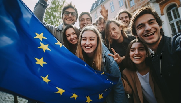 Foto um grupo de jovens tira uma selfie ao fundo, a bandeira da união europeia está agitando