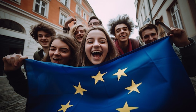 Foto um grupo de jovens tira uma selfie ao fundo, a bandeira da união europeia está agitando