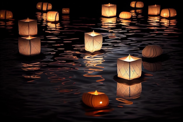 Um grupo de lanternas flutuando na água à noite