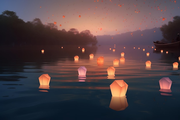 Um grupo de lanternas flutuando na água com as palavras "lanterna" no fundo.