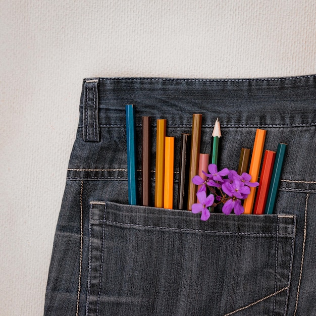 Um grupo de lápis de cor e um galho de flor no bolso da calça jeans