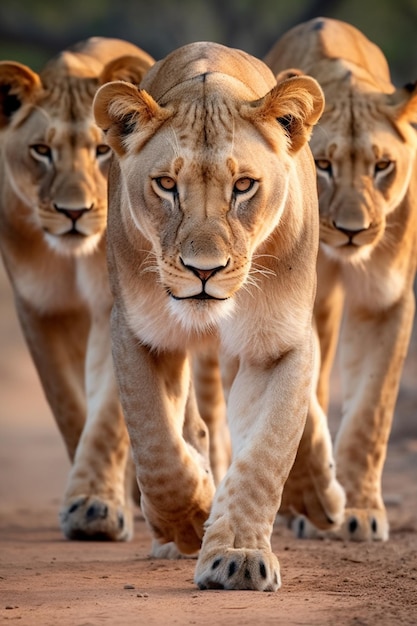 Um grupo de leoas andando na selva