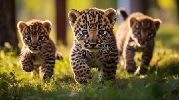 Um grupo de leopardos fofos brincando na grama verde do parque