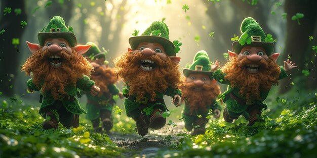 Um grupo de leprechauns animados dança felizmente em uma clareira da floresta iluminada pelo sol, cercada por orbes verdes