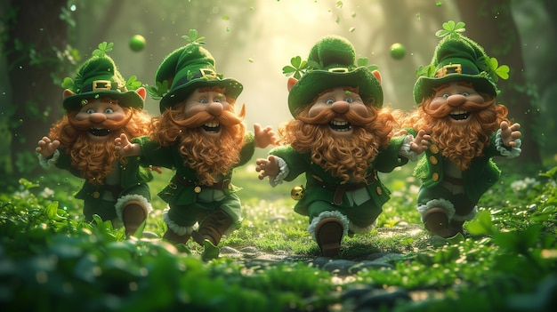 Um grupo de leprechauns animados dança felizmente em uma clareira da floresta iluminada pelo sol, cercada por orbes verdes