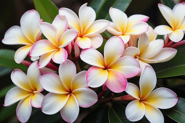 Um grupo de lindas flores de frangipani no jardim