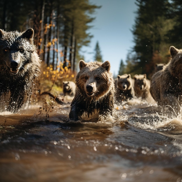 Um grupo de lobo faminto e irritado na água