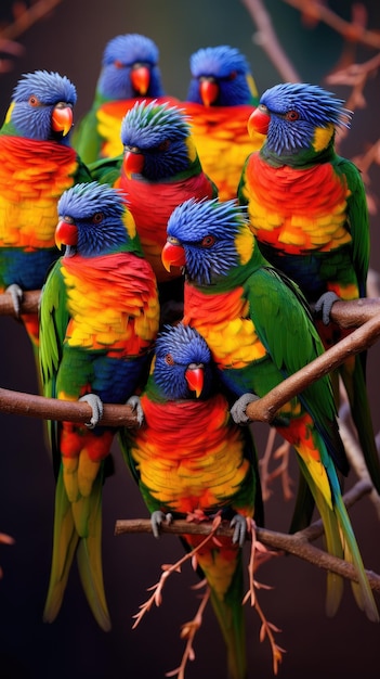 Foto um grupo de lorikeets de cores brilhantes empoleirados em um ramo de árvore