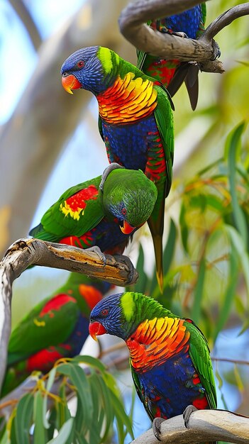 Um grupo de lorikeets de cores brilhantes empoleirados