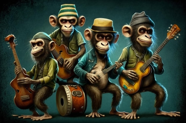 Um grupo de macacos tocando instrumentos com um usando um chapéu.