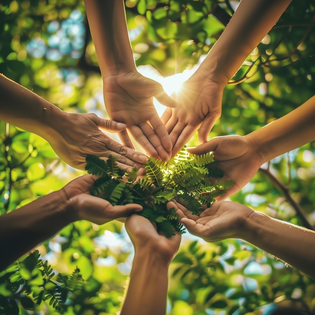 Foto um grupo de mãos segurando plantas verdes com o sol atrás delas