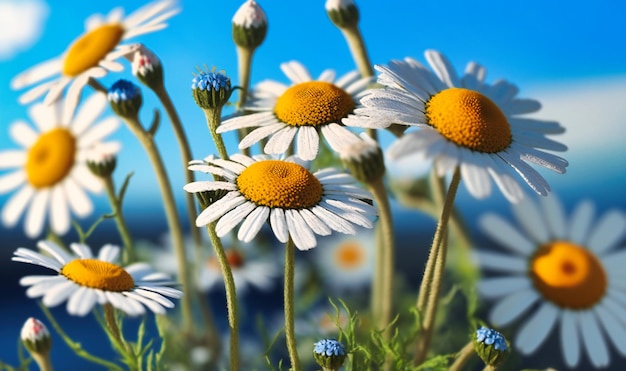 Um grupo de margaridas balançando em uma brisa suave com um céu azul brilhante ao fundo