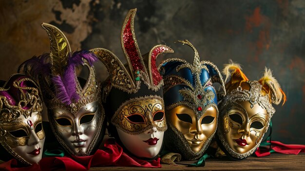 Um grupo de máscaras ou disfarces de Mardi Gras venezianos em um fundo escuro