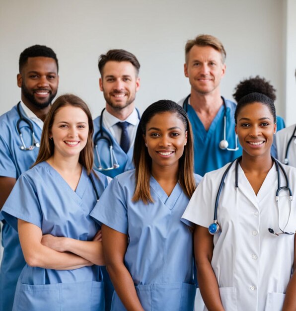 Foto um grupo de médicos e enfermeiras posando para uma foto