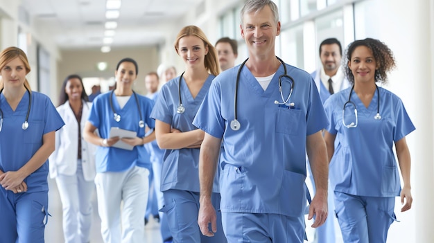 Um grupo de médicos e enfermeiros diversos caminham por um corredor do hospital sorrindo. Eles estão vestindo roupas azuis e casacos brancos.