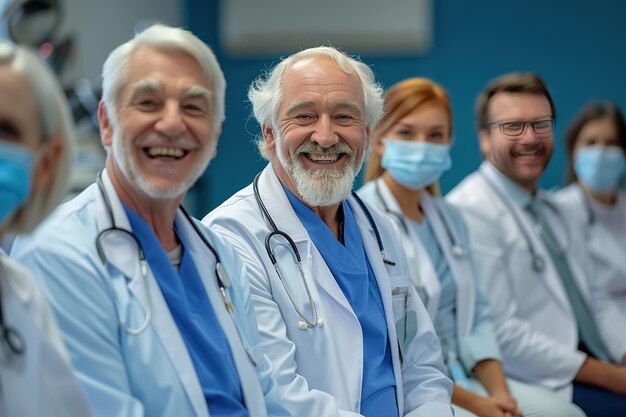 Um grupo de médicos estão sorrindo e usando máscaras