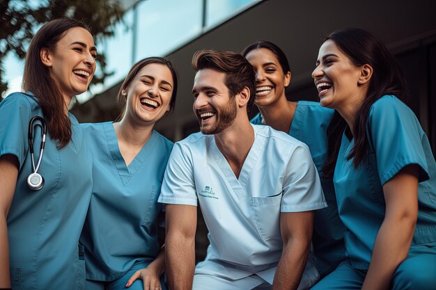 Foto um grupo de médicos sorridentes sentados um ao lado do outro