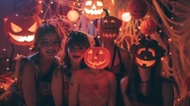 Um grupo de meninas alegres usando máscaras de abóbora e alienígenas estão posando na frente da festa de Halloween