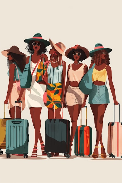 Um grupo de meninas caminhando com sacos e malas em um fundo branco O conceito de viagem Ilustração