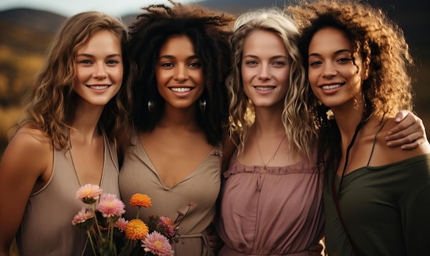 Foto um grupo de meninas com flores na frente delas