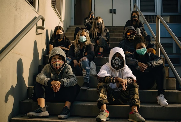 um grupo de meninas com máscaras faciais e mochilas sentadas nas escadas
