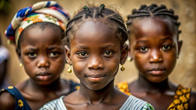 Foto um grupo de meninas com tranças estão de pé na frente de seus rostos