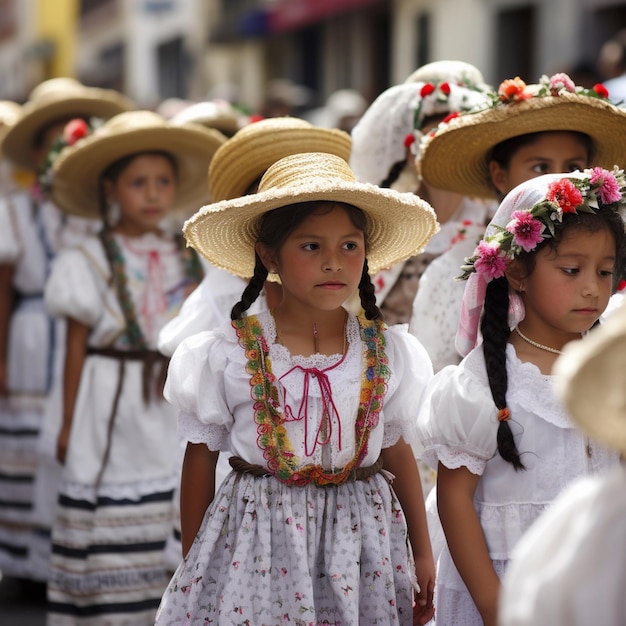 Um grupo de meninas em trajes tradicionais está alinhado em uma fila.