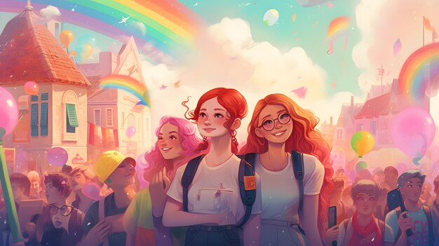 Um grupo de meninas está na frente de um arco-íris.