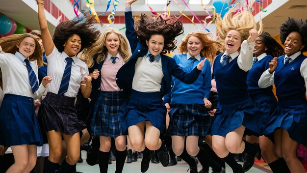 Foto um grupo de meninas estão vestindo uniformes escolares e a palavra 