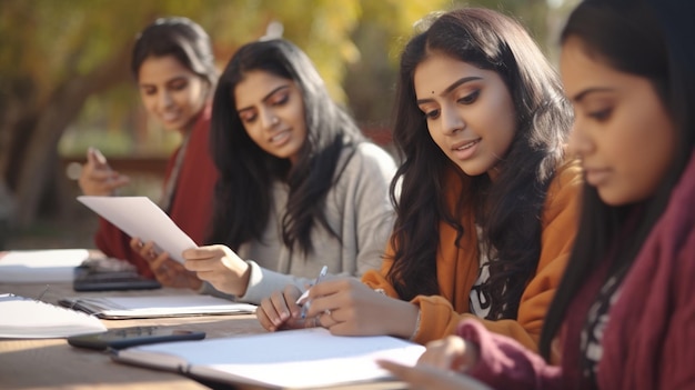 Um grupo de meninas indianas estudando em um parque