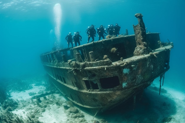 Um grupo de mergulhadores está em um naufrágio no oceano.