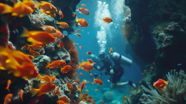 Um grupo de mergulhadores liderados por um biólogo marinho exploram uma caverna subaquática cheia de peixes coloridos e
