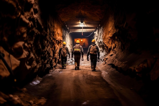 Foto um grupo de mineiros caminha pelo túnel de uma mina de carvão