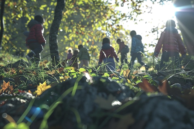 Um grupo de miúdos a fazer uma caminhada na natureza e a recolher