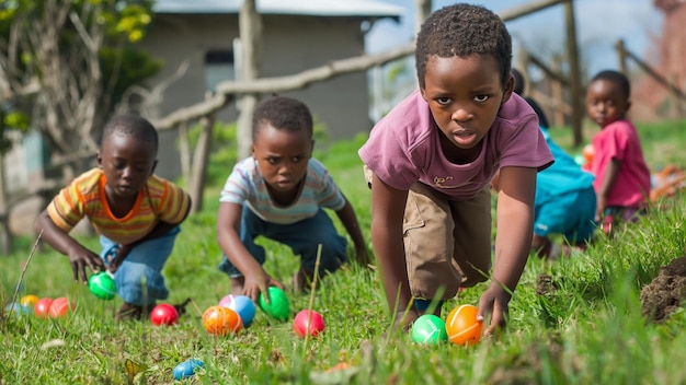Um grupo de miúdos sul-africanos à procura de ovos de Páscoa na relva.