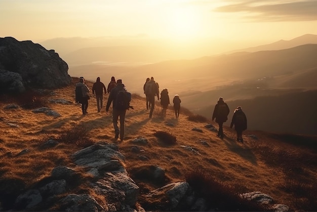 Um grupo de mochileiros caminhando pelas montanhas ao pôr do sol