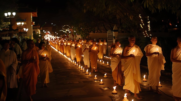 Um grupo de monges em túnicas tradicionais caminham descalços por um caminho de pedra com velas acesas nas mãos