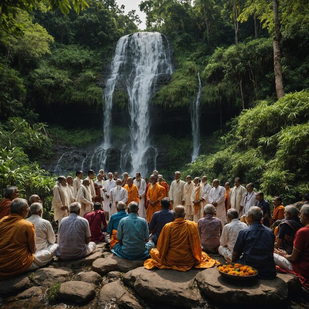 Foto um grupo de monges estão reunidos em torno de uma cachoeira