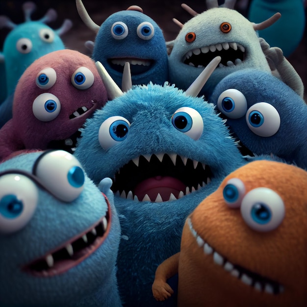 Um grupo de monstros com um com um com um com um azul com um olho vermelho.
