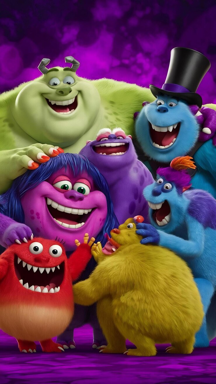 Foto um grupo de monstros de desenhos animados riem juntos em frente a um fundo roxo