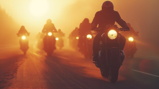 Um grupo de motociclistas viaja por uma estrada