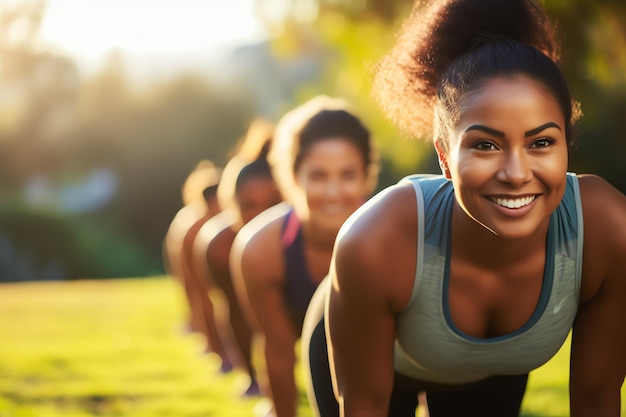 Um grupo de mulheres a fazer flexões.