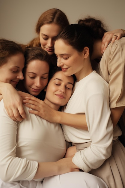 Foto um grupo de mulheres abraçando-se com uma segurando-a de volta