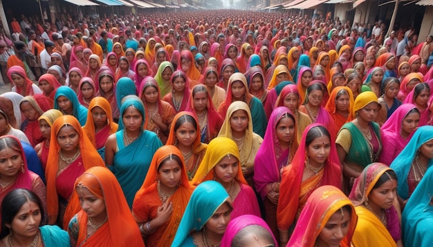 um grupo de mulheres com saris coloridos