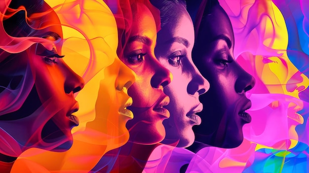 Foto um grupo de mulheres com seus rostos pintados em uma variedade de cores brilhantes e ousadas criando uma exibição visual impressionante e única