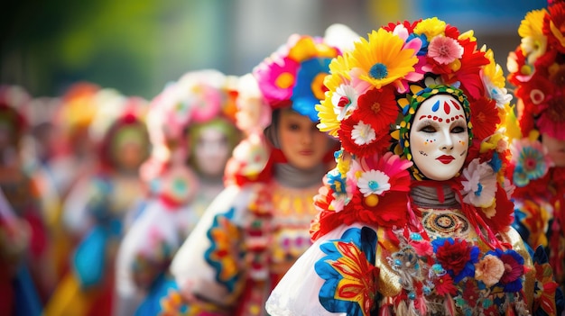 Um grupo de mulheres com trajes coloridos com a palavra "bem-vindo" no rosto.