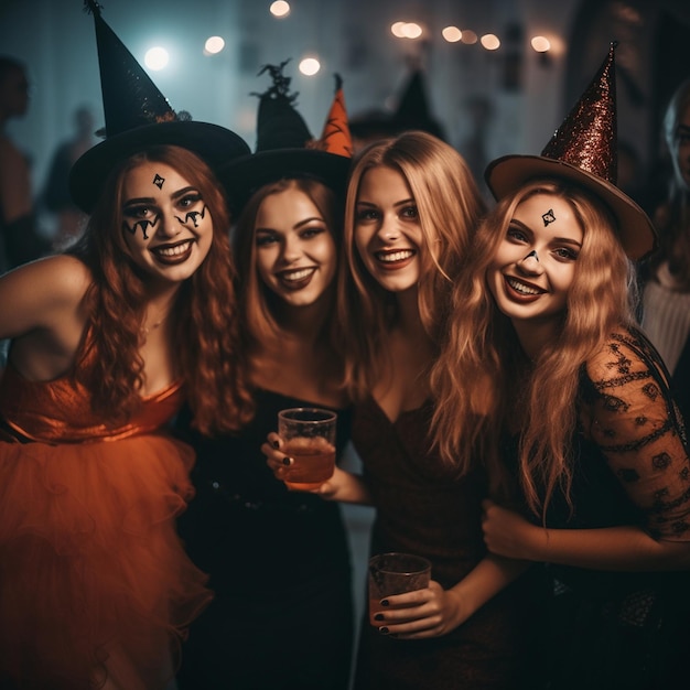 Um grupo de mulheres com trajes de Halloween estão posando para uma foto.