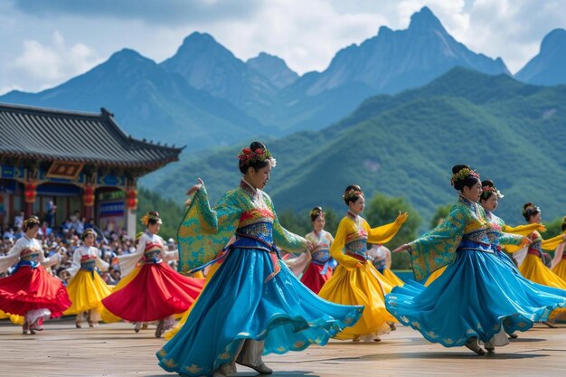 Foto um grupo de mulheres com vestidos coloridos estão dançando.