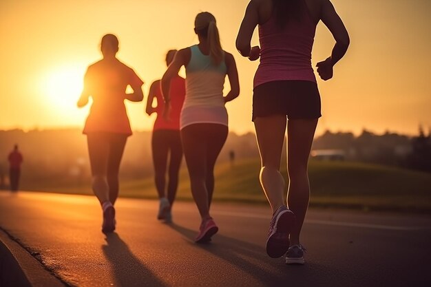 um grupo de mulheres correndo por uma estrada com o sol atrás delas