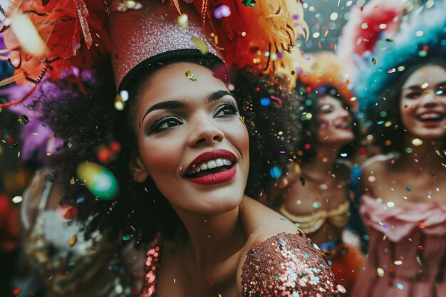 Um grupo de mulheres de pé um ao lado do outro sob o tema do carnaval de confete